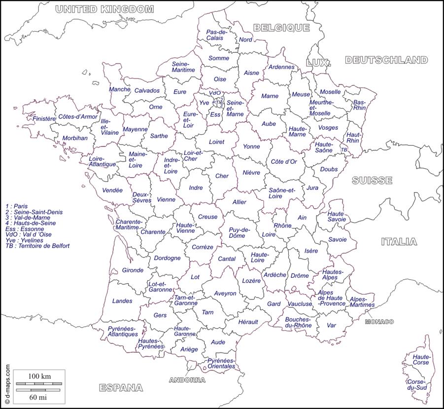 France : carte gographique gratuite, carte gographique muette gratuite, carte vierge gratuite, fond de carte gratuit : frontires, dpartements, noms (blanc)